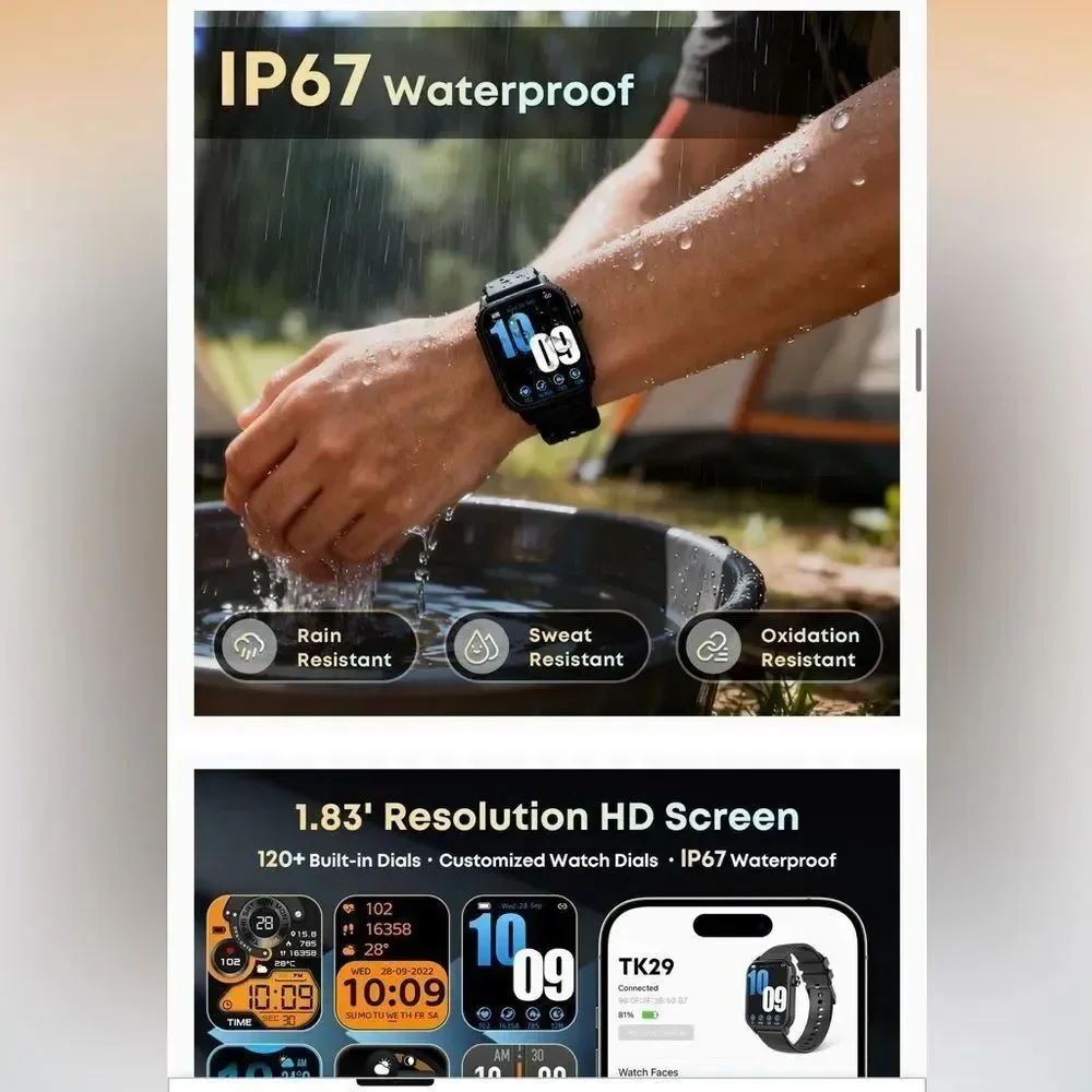Black Smartwatch with Large HD Display and Bluetooth Calling